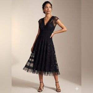 Max Studio Black Tiered Sequin Mesh Midi Dress